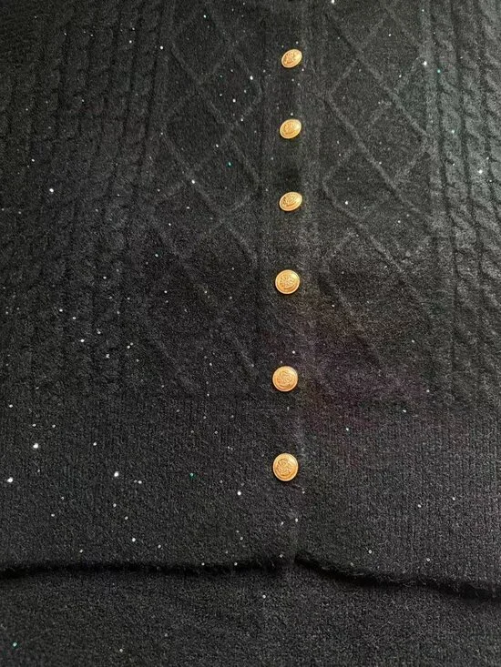 NWT Black Knit Set Gold Button Sparkle Elegant Outfit M - Picture 6 of 8